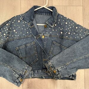 Denim Pearl-Studded Women's Jacket
